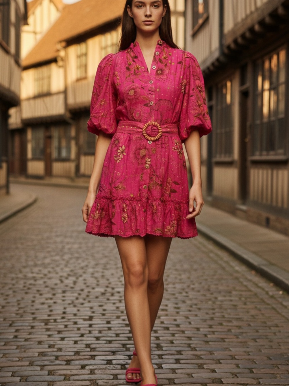 Pink Floral Button-Front Mini Dress with Belt